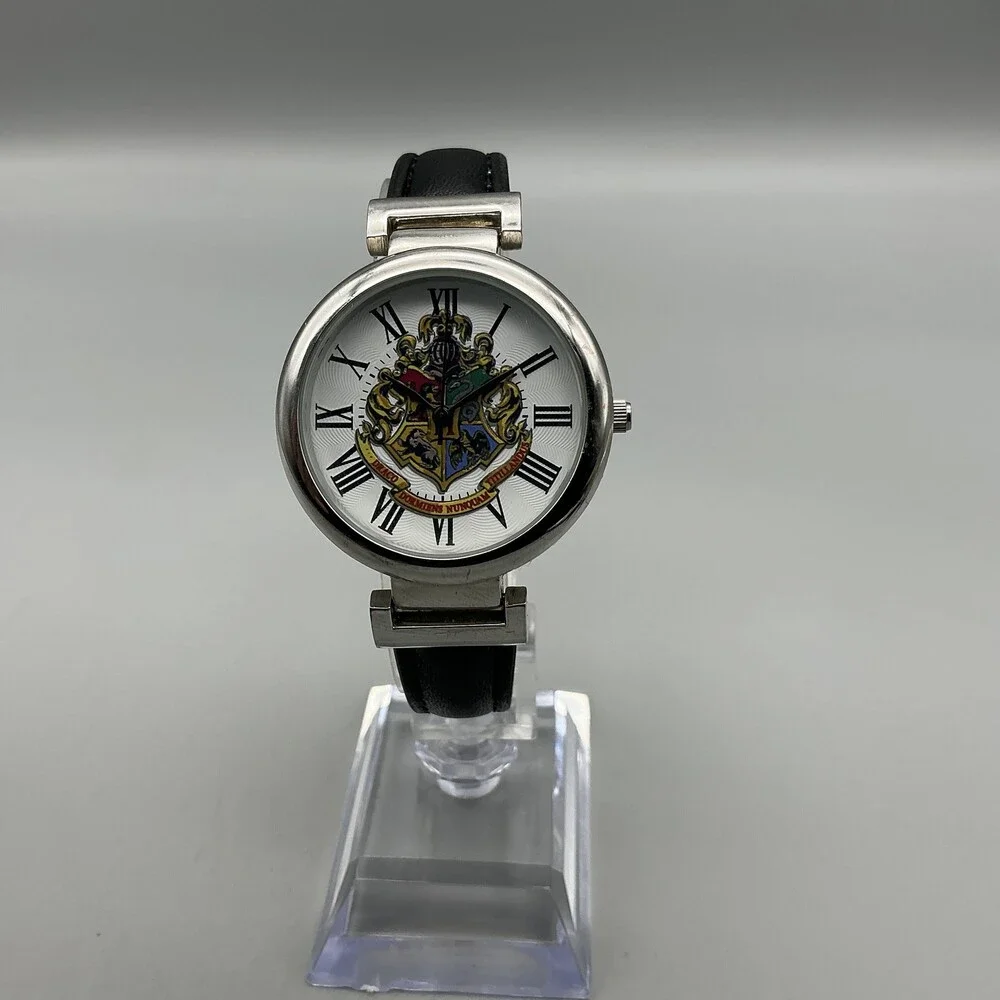 Harry Potter Teens Watch 36mm Hogwarts Crest Black Leather Silver Tone